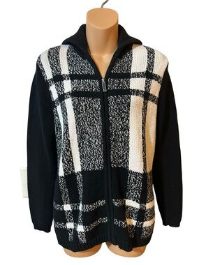 Liz Claiborne Chunky Plaid Full Zip Mock Neck Knit Sweater Jacket Black White S